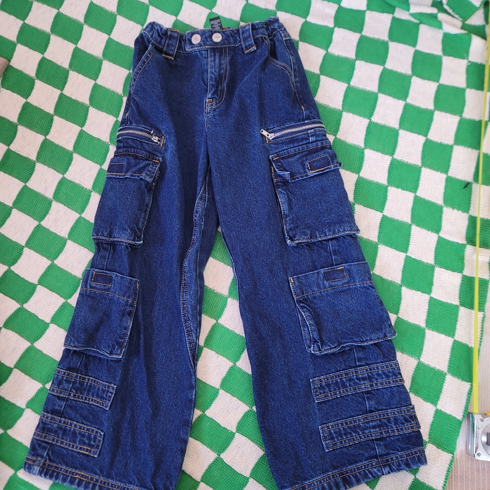 Forever 21 KIDS Dark Blue Cargo Pocket Denim Extra Wide Jeans Size 7/8